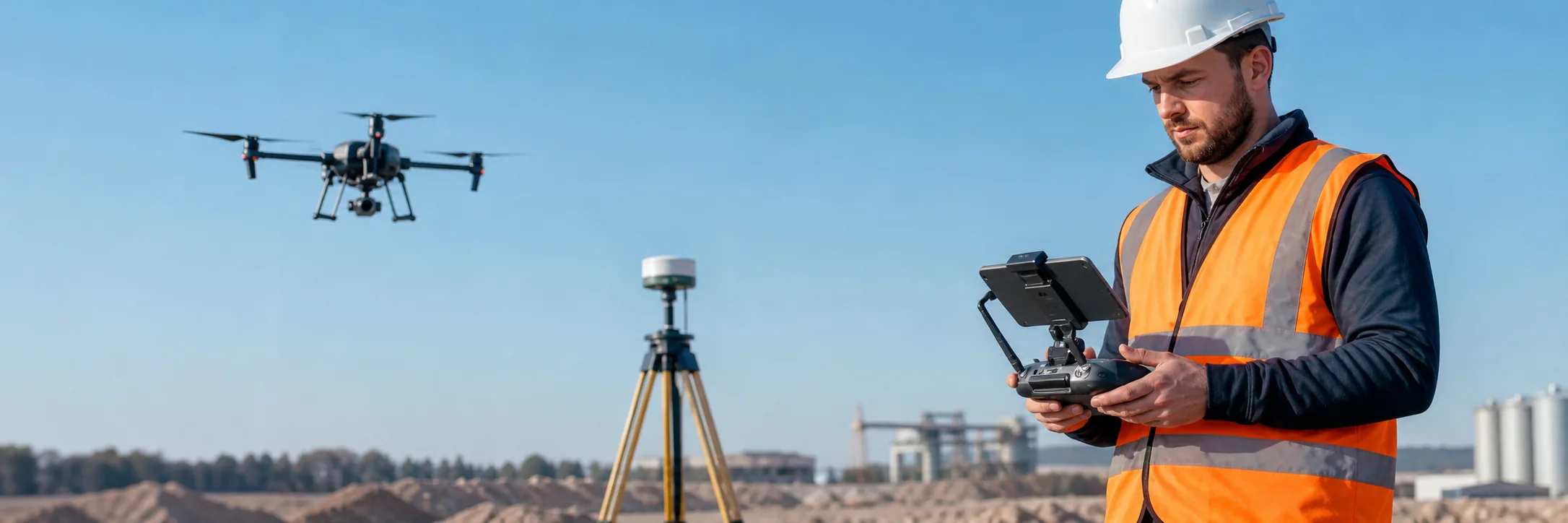Drone pilot operating survey equipment on site
